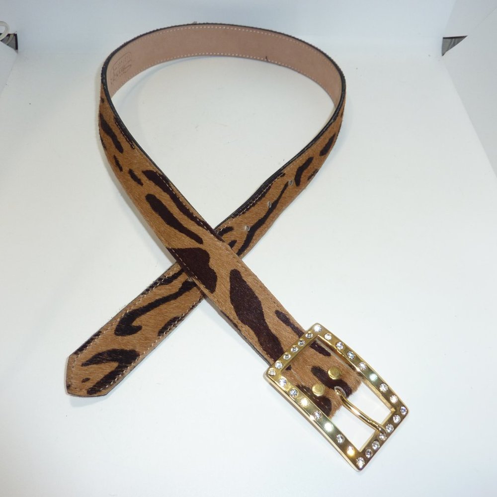 Vintage B.B. Simon Cheetah Print Leather Calf Hair Textured Gold Buckle Belt M